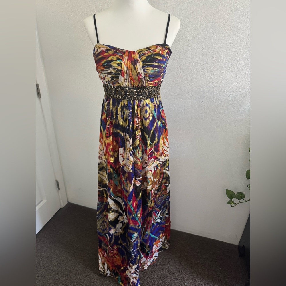 Oleg Cassini Multicolor Floral & Abstract Maxi Dress with Beaded Waistband